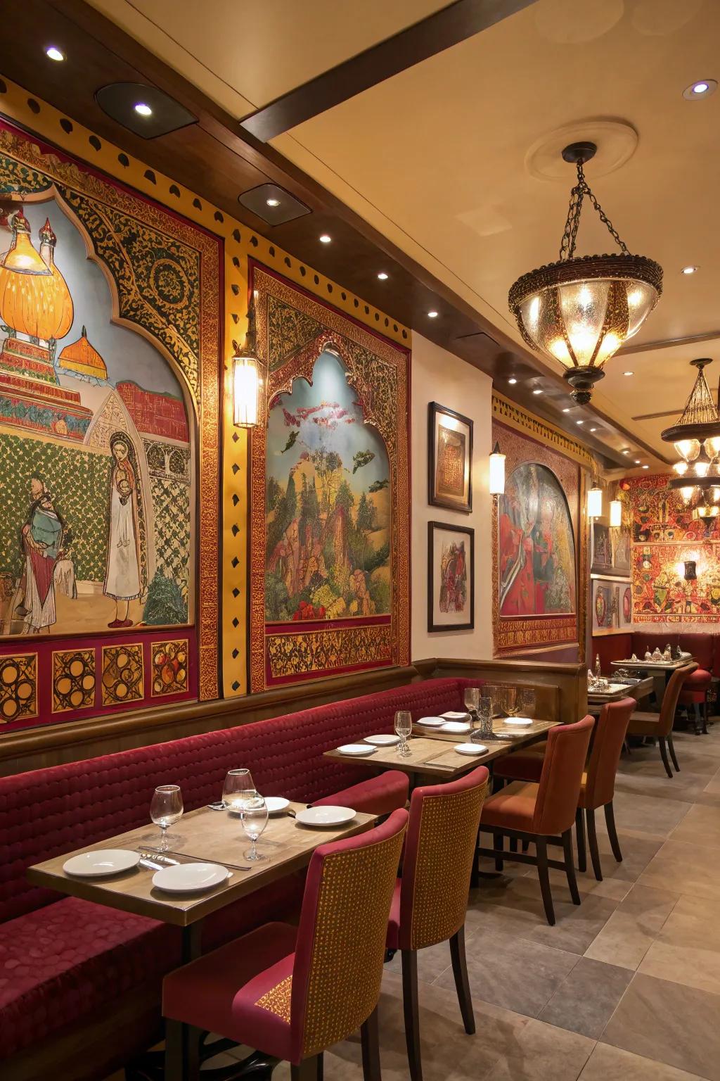 Traditional Indian artworks adorning the walls of a restaurant.