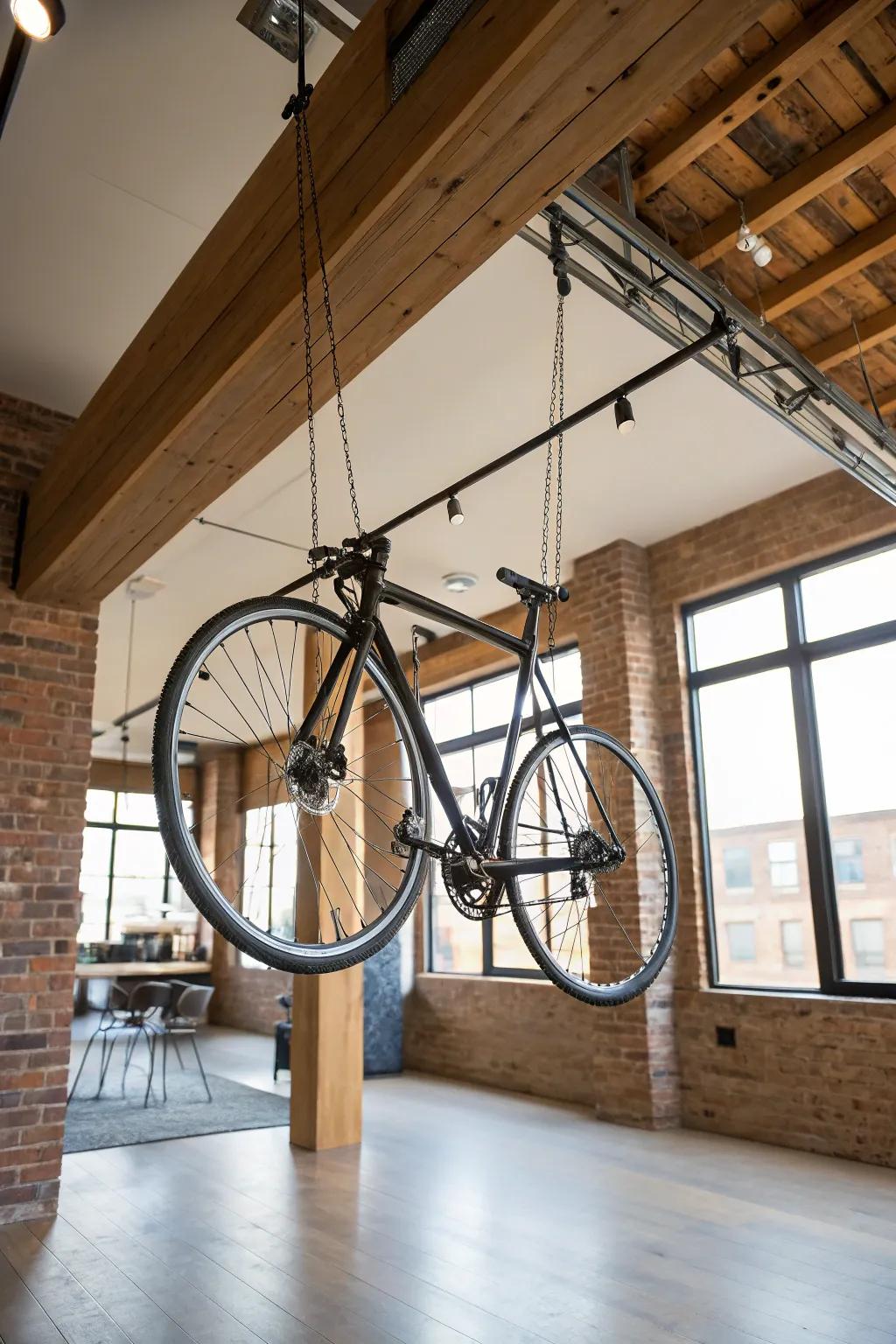 A ceiling pulley system maintains your bike high and clear.