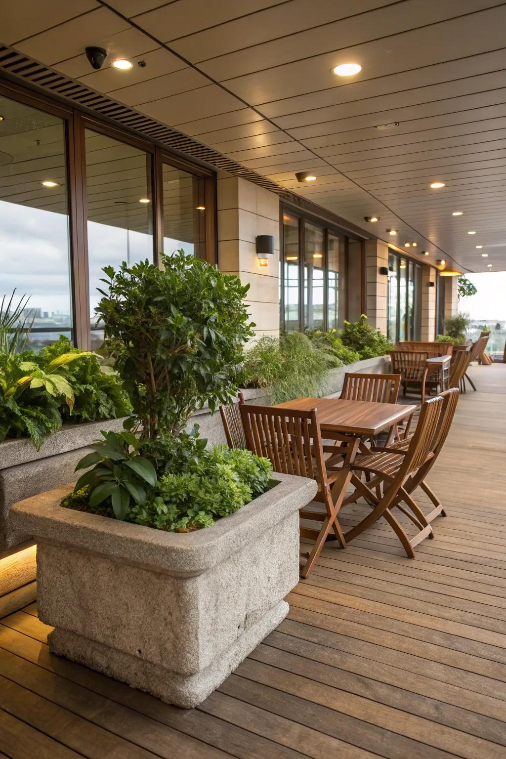 The blend of wood and stone brings an earthy, natural touch to this indoor deck.