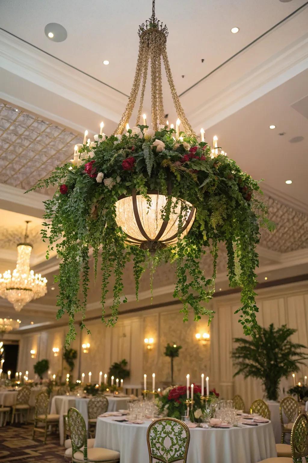 A magnificent ornamental light fixture embellished with greenery adds sophistication.