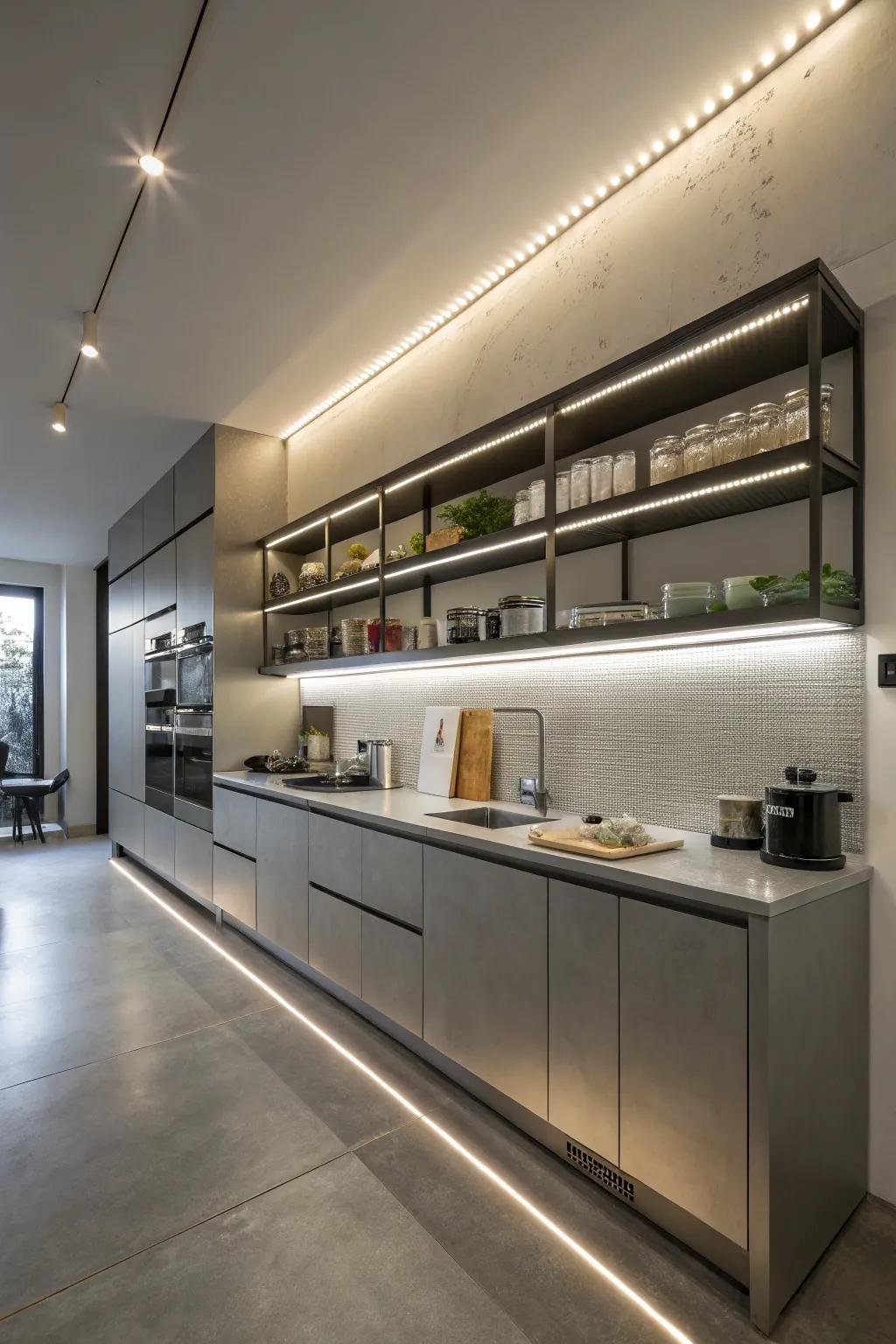 A factory-styled kitchen featuring atmospheric LED strip lighting