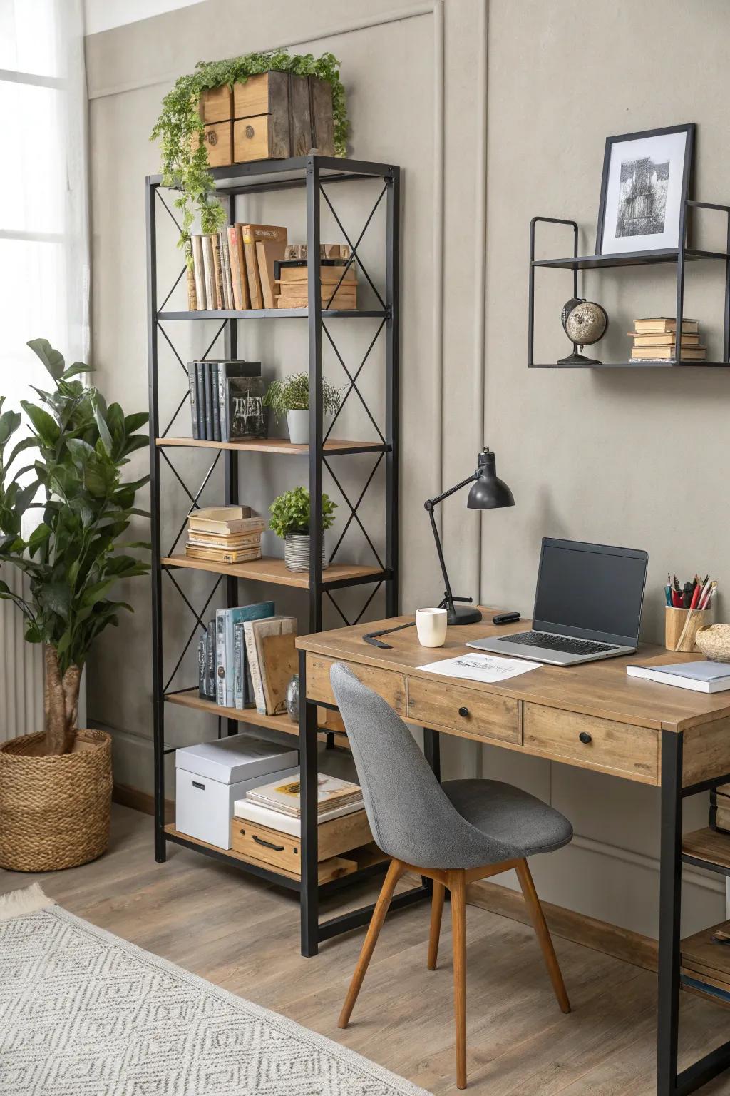 A workspace that wonderfully harmonizes wood and metal features.