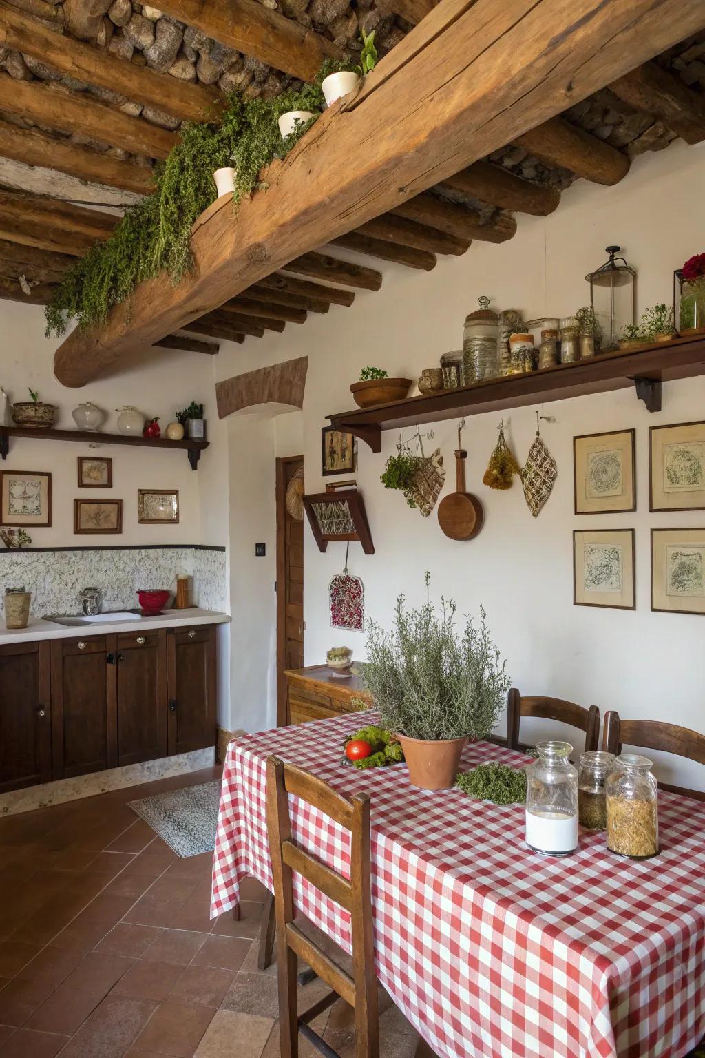 Visible wood supports offer a countryside appeal to this Italian culinary space.