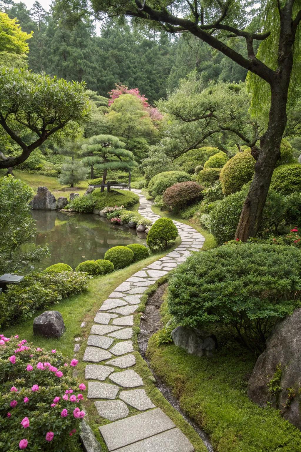 Stone pathways meandering through abundant greenery in a Japanese garden.