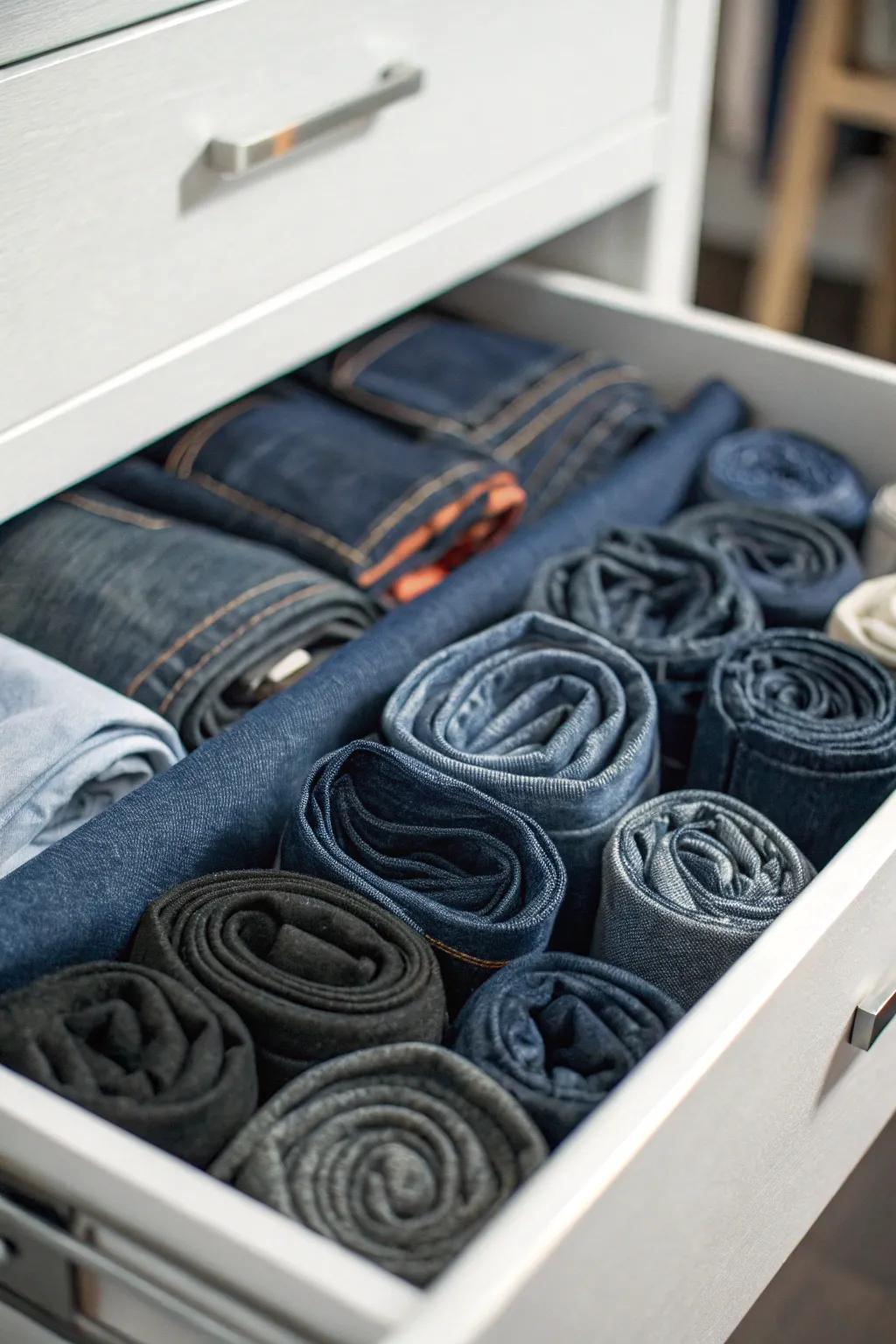 Maximize space with tightly rolled jeans stored in a drawer.