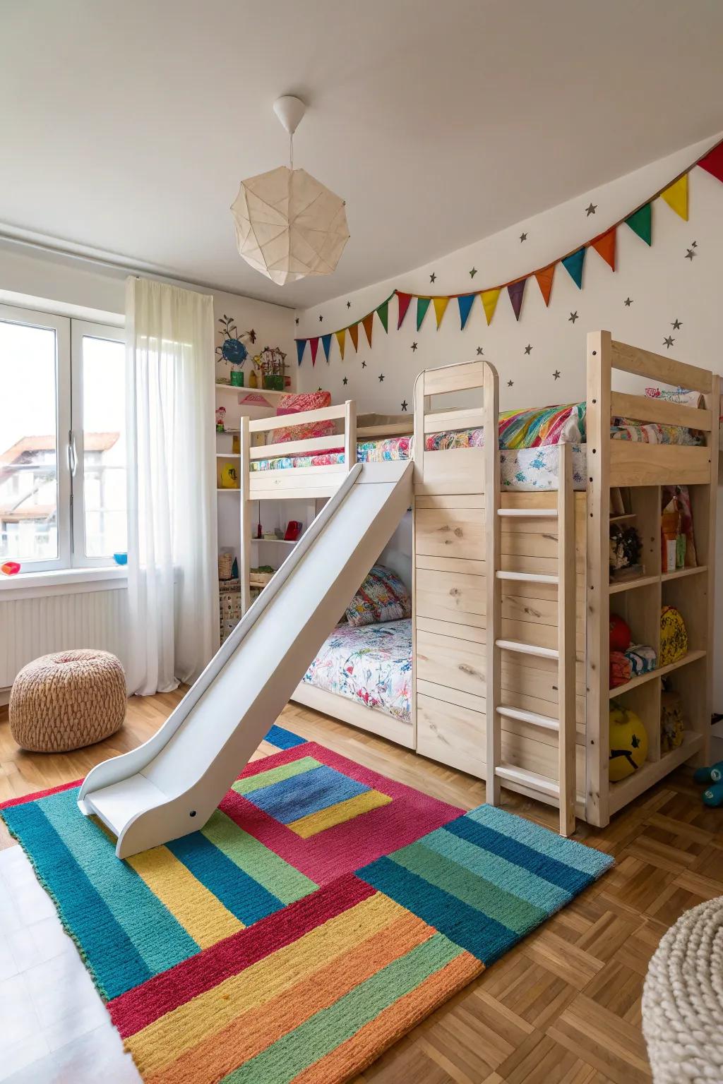 A slide within the bedroom turns the everyday into playtime.