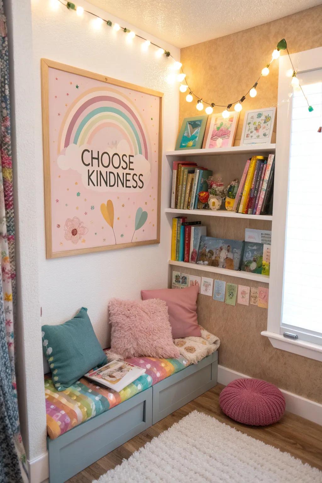 A serene reading corner showcasing a 'Choose Kindness' bulletin board, brought to life with soft pastel hues.