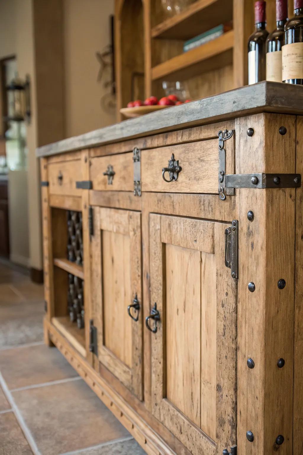 A rustic bar cabinet radiates warmth throughout the kitchen.
