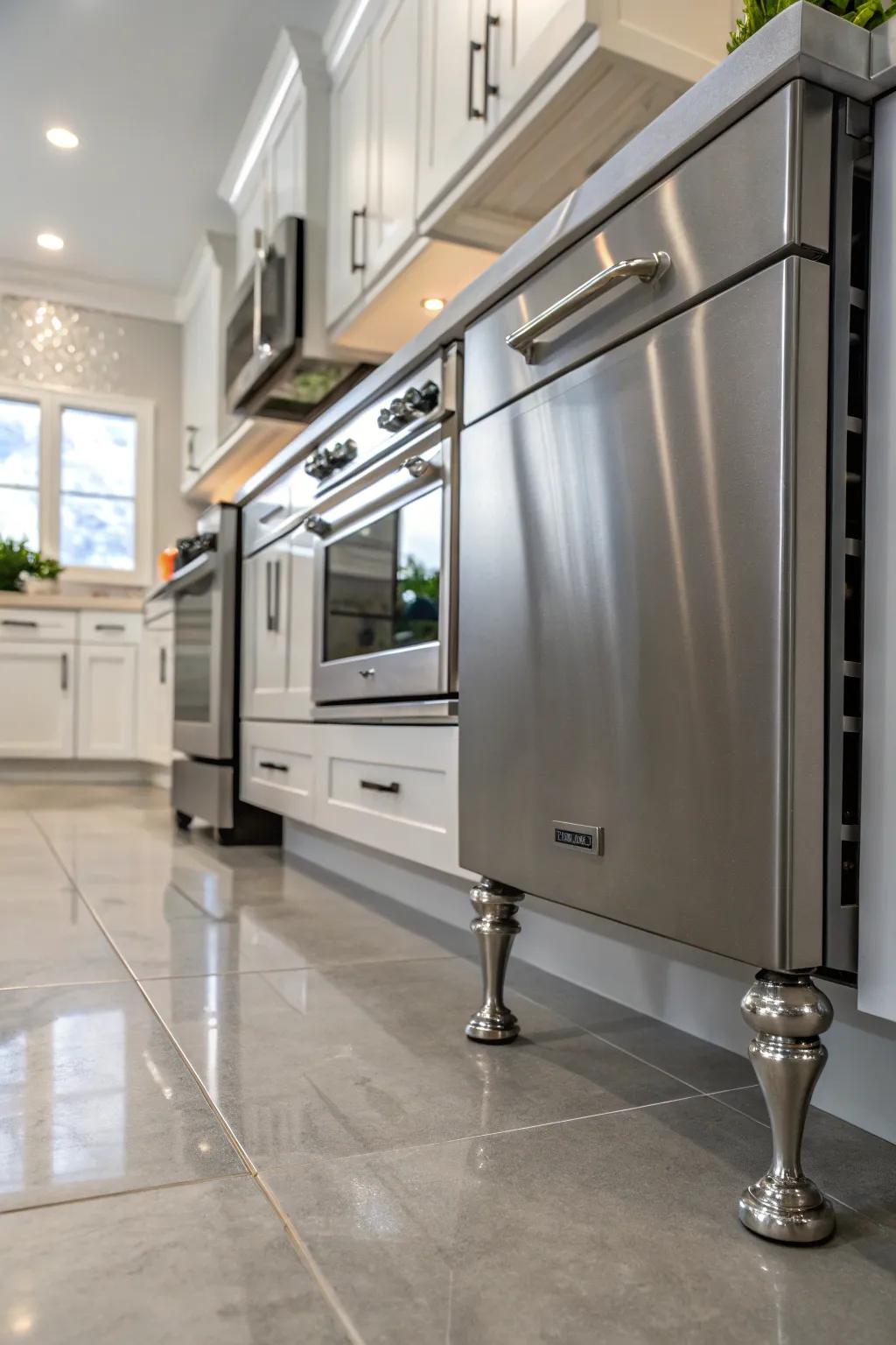 Metallic supports introduce a sleek shimmer to kitchen designs.