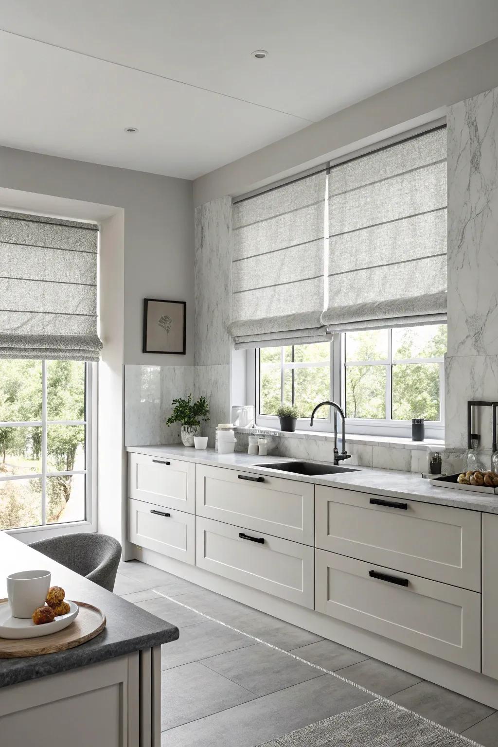 Monochromatic blinds create a smooth and unified kitchen aesthetic.