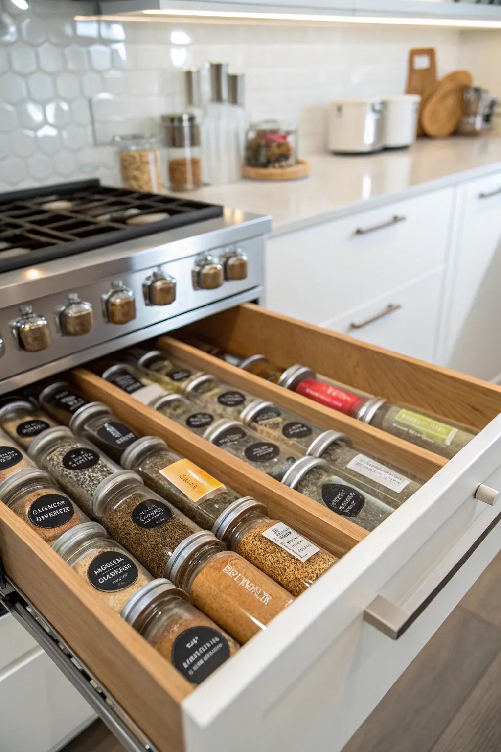 Maintain tidy spices with labeled canisters for a refined, rapid selection.