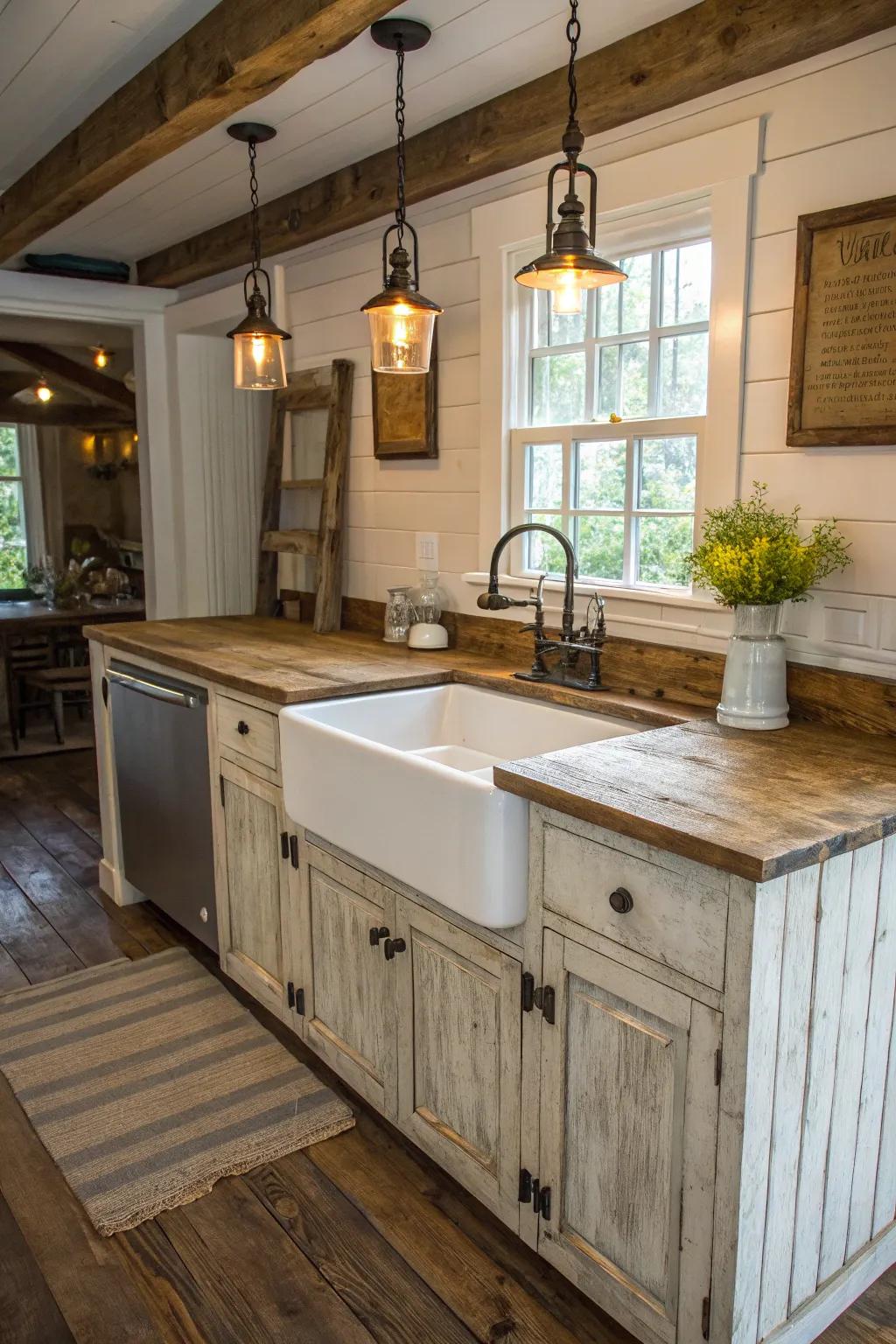 A charming farmhouse kitchen island, showcasing a classic apron-front sink.