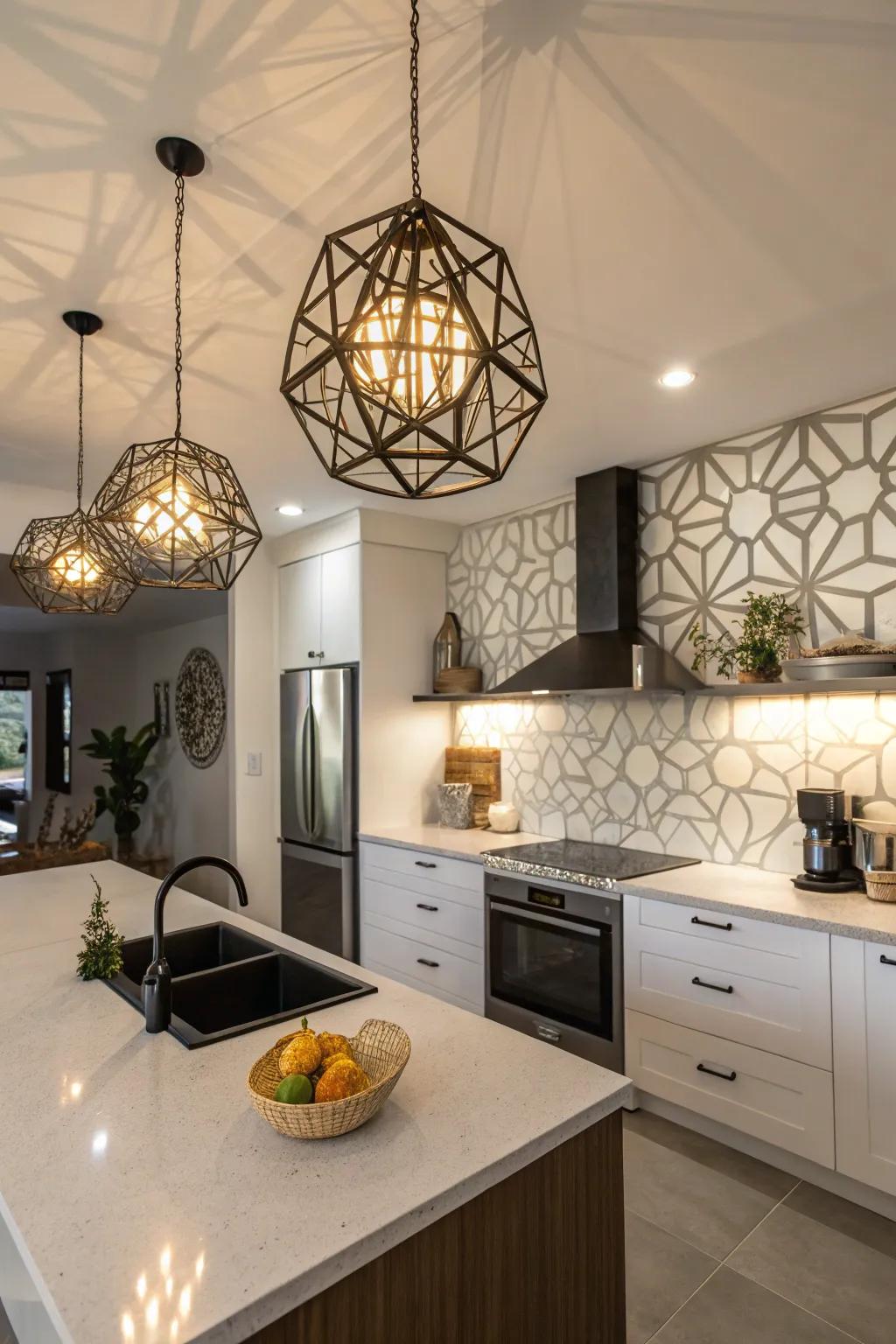 Geometric light fixtures serve as eye-catching ceiling art in a stylish kitchen.