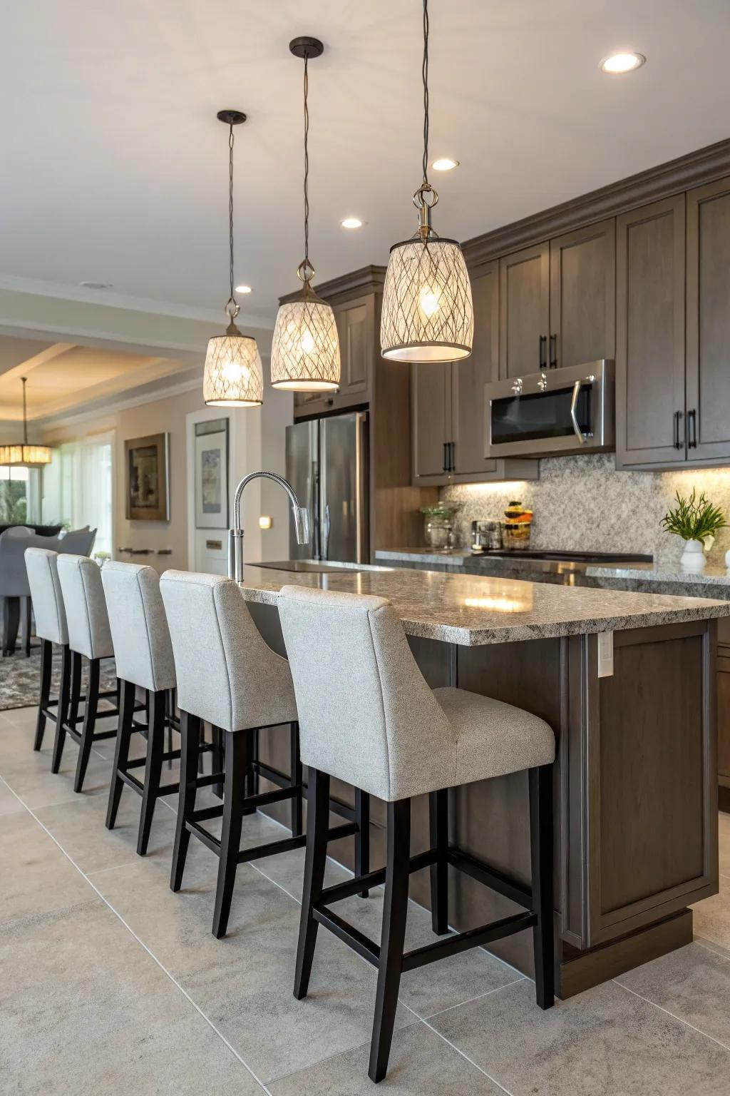 An island featuring counter seating, ideal for informal dining.