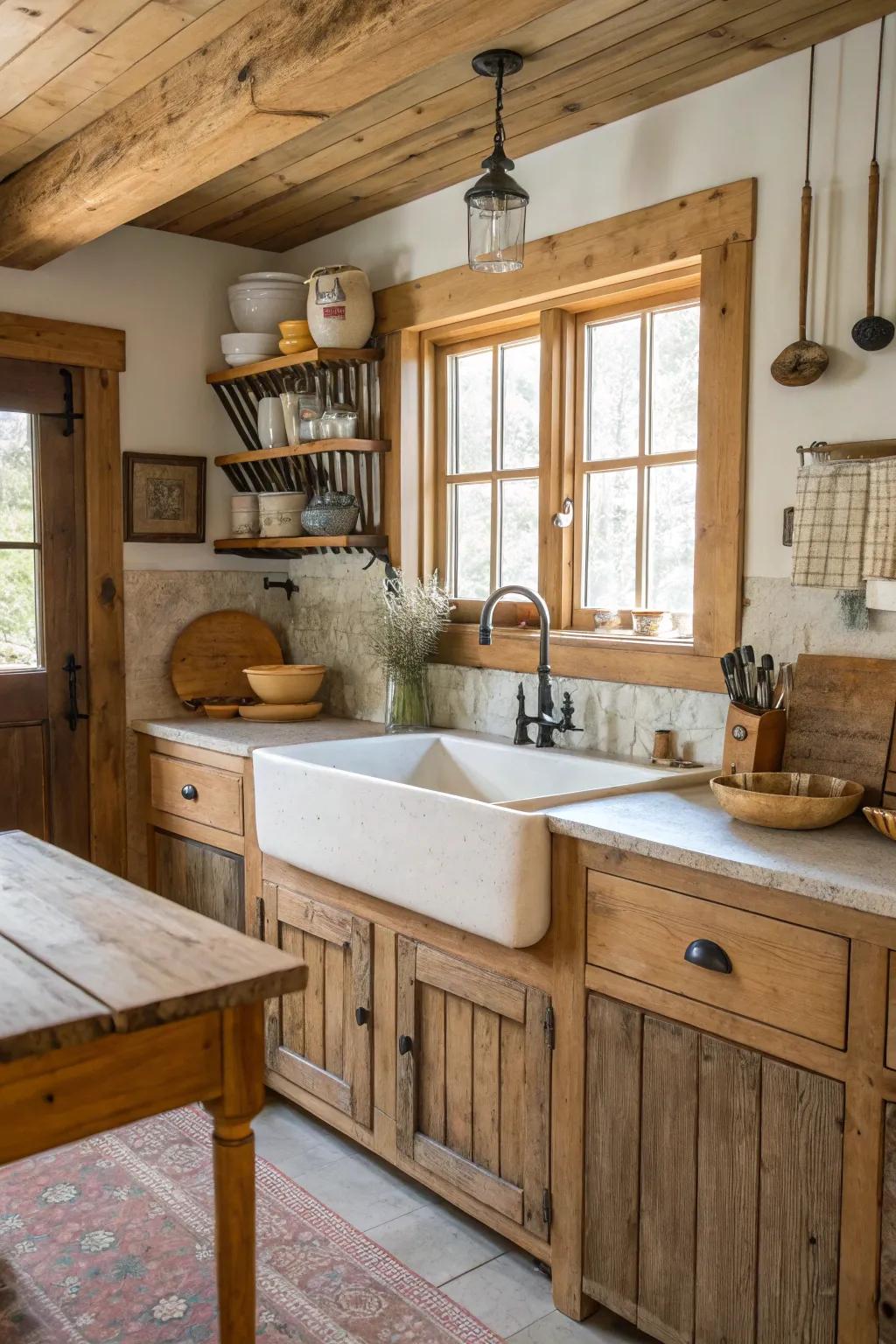 A charming rustic kitchen with a prominent classic sink.