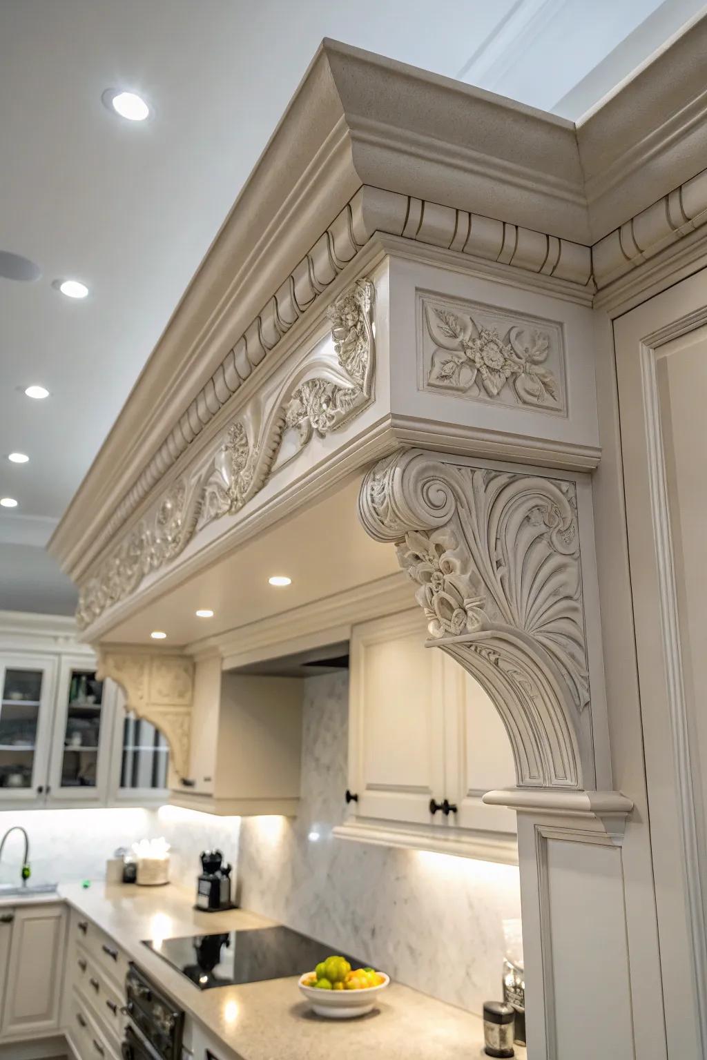 Decorative moldings enriching the kitchen soffit with a sophisticated flair.