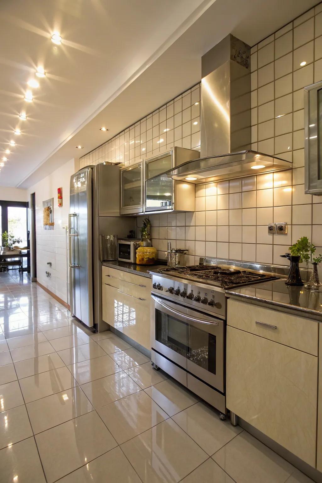 Reflective surfaces enhance light dispersion in a kitchen without windows.