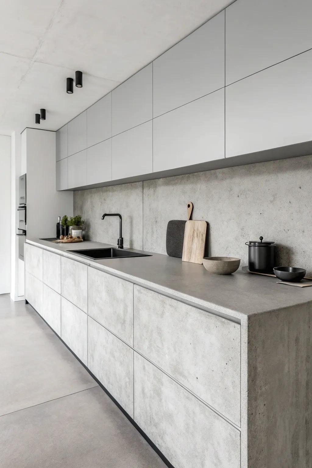 A minimalist cooking area highlighting cement worktops in a single-color palette.