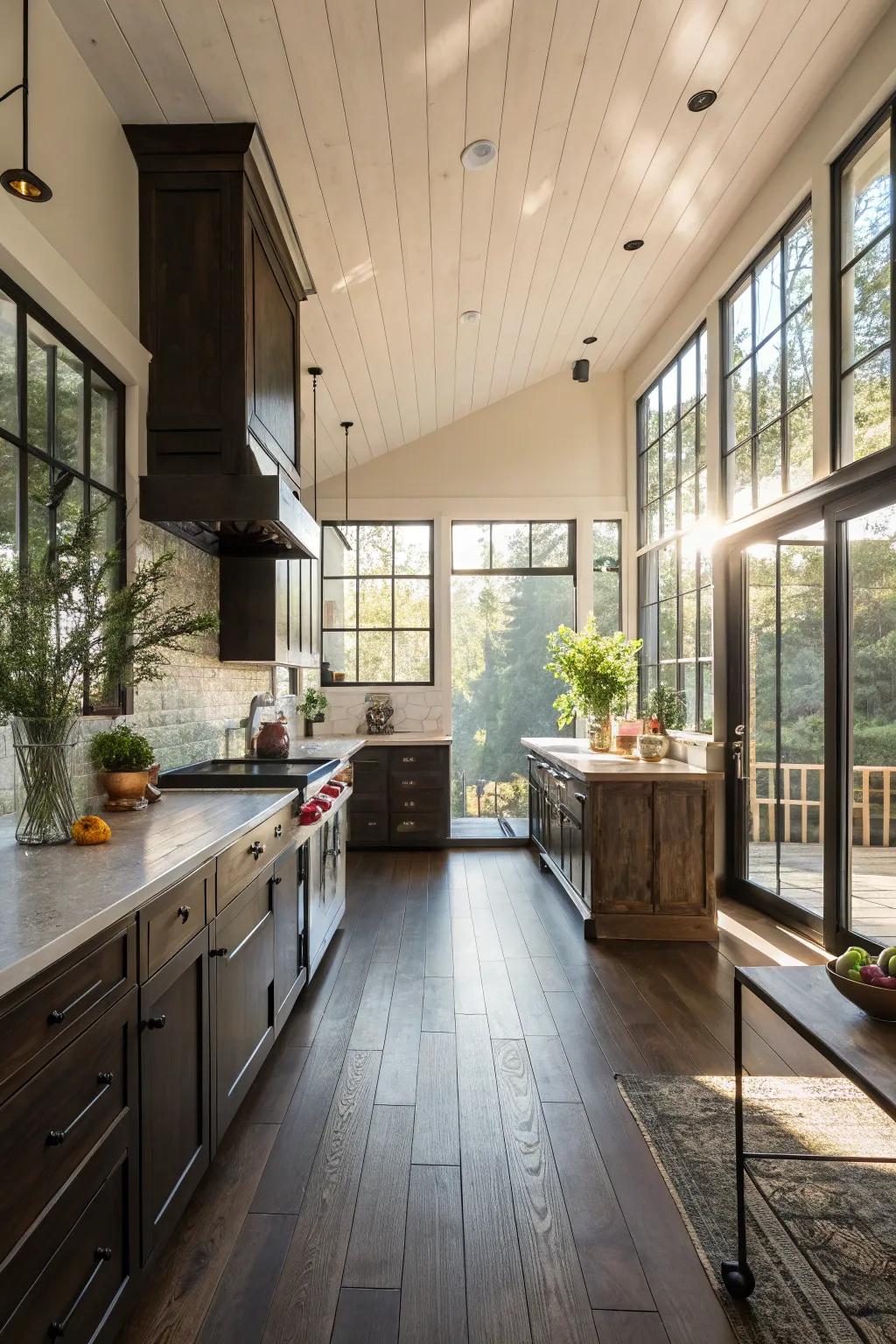 Sunlight gracefully cascading into a kitchen with dark floors, crafting a luminous and airy environment.