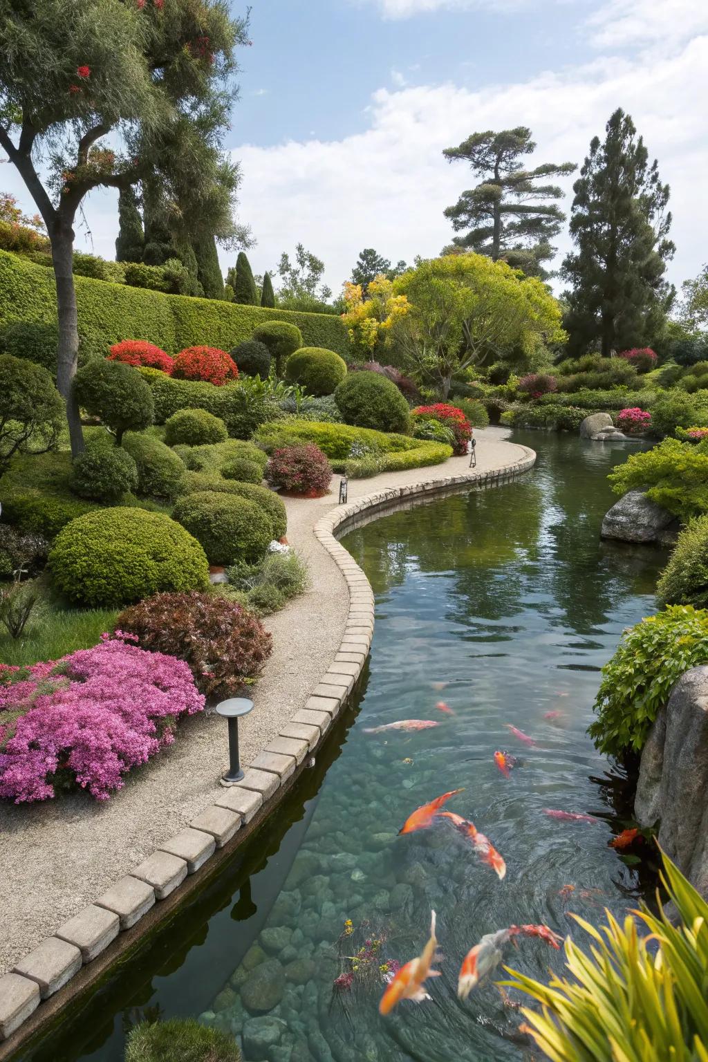A dynamic explosion of nature embraces this koi haven.