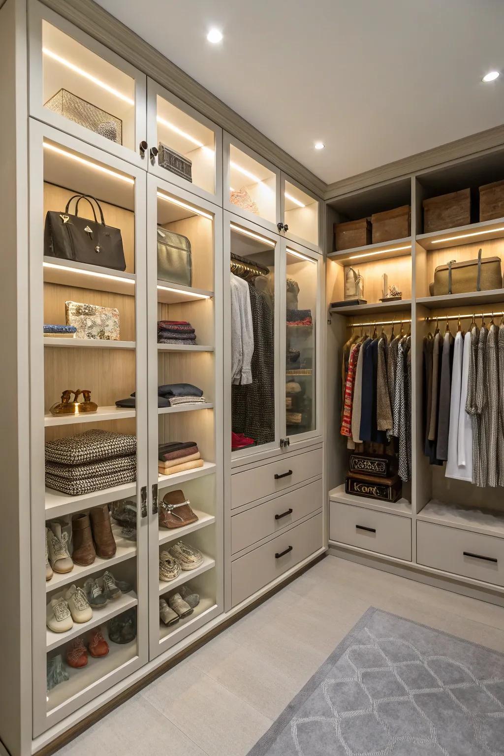 Blend display and hidden storage for a closet that’s both organized and visually appealing.