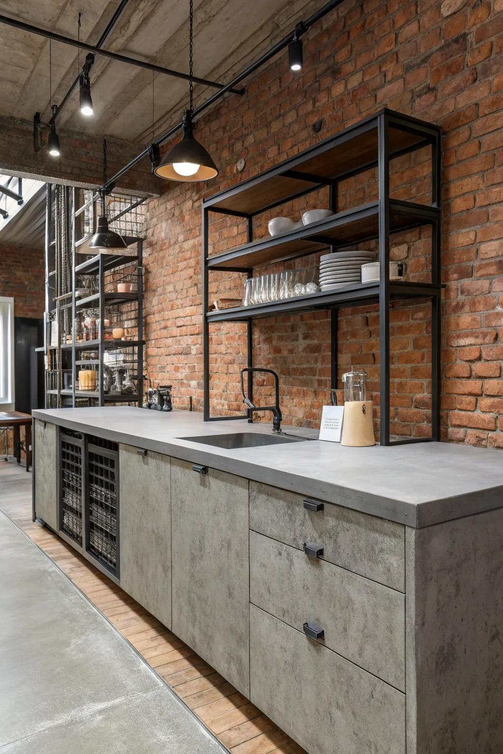 Concrete-look faux stone brings a modern, industrial vibe to cooking spaces.