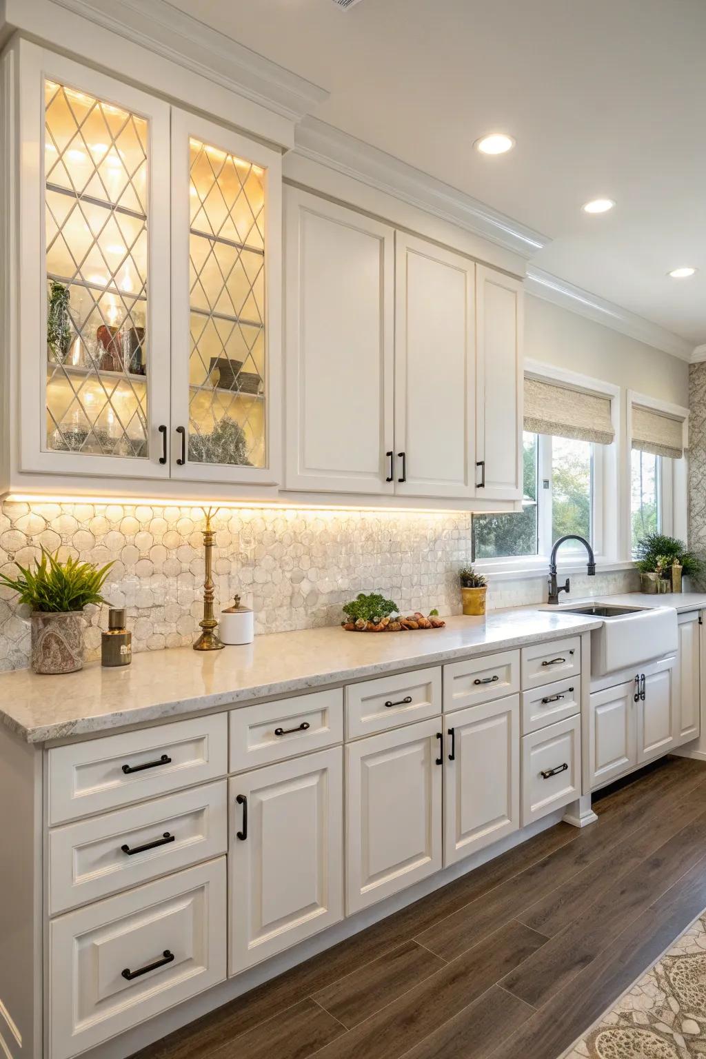 Radiant cream-colored fixtures coupled with a panel backsplash creates an airy ambiance.