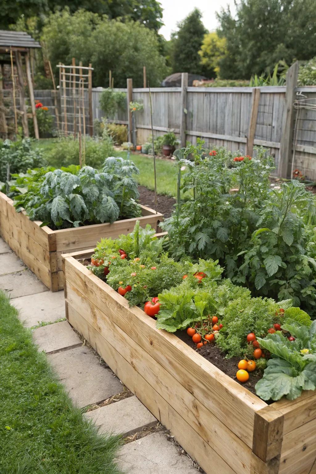 Elevated plots made of wooden beams are ideal for cultivating your own produce.