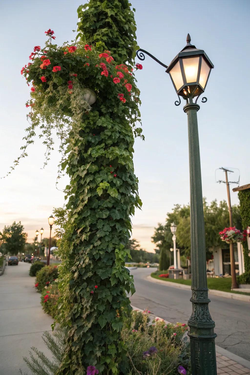 Climbing vines imparting a touch of natural sophistication to a lamp post.