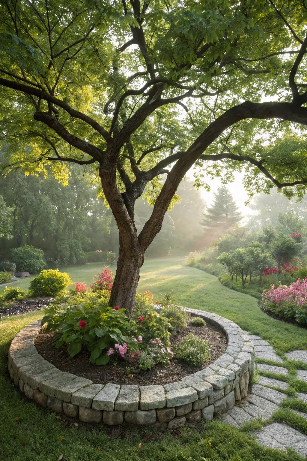 Tree bases gain definition and elegance from stone borders.
