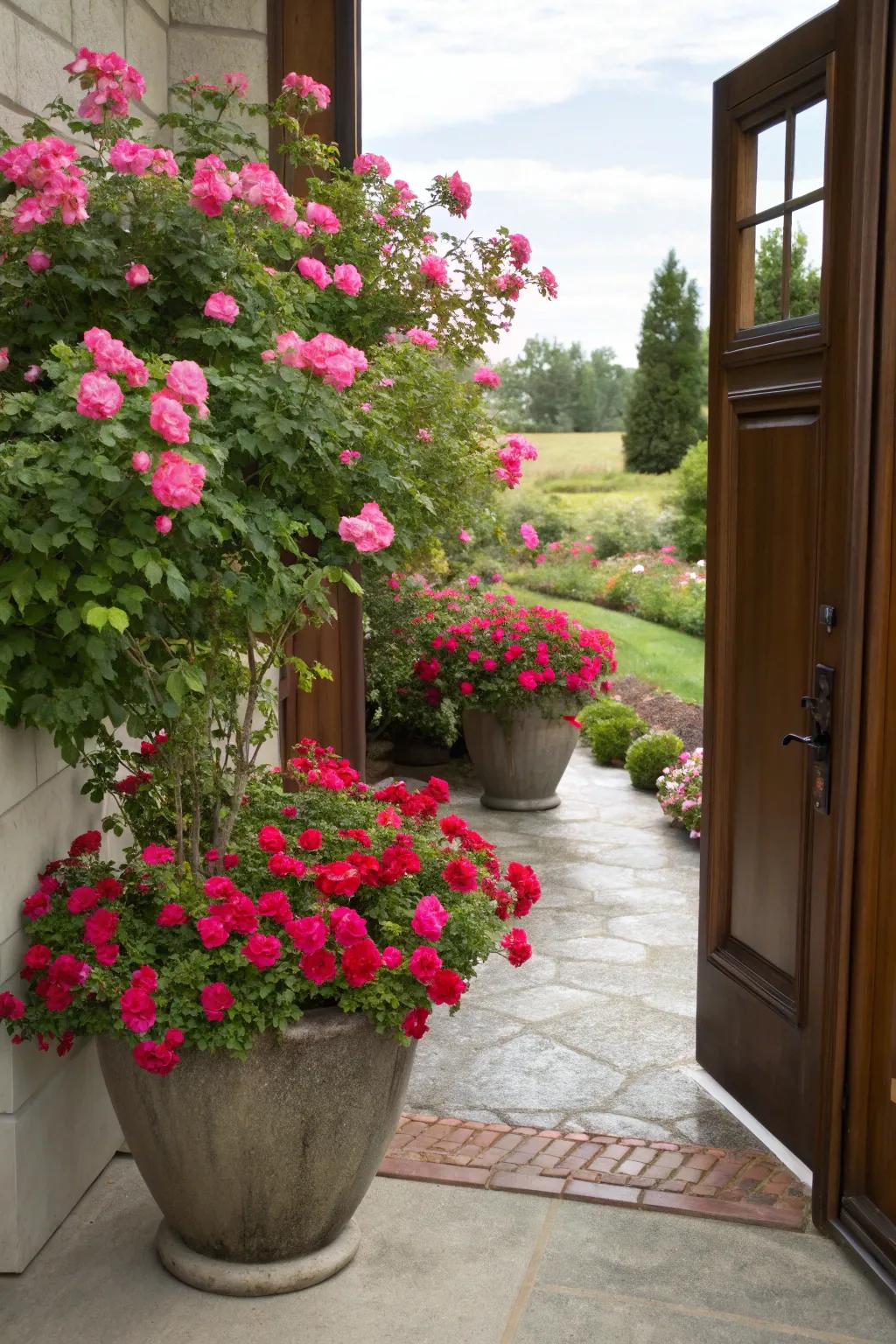 The entrance is made more welcoming by radiant roses in planters.