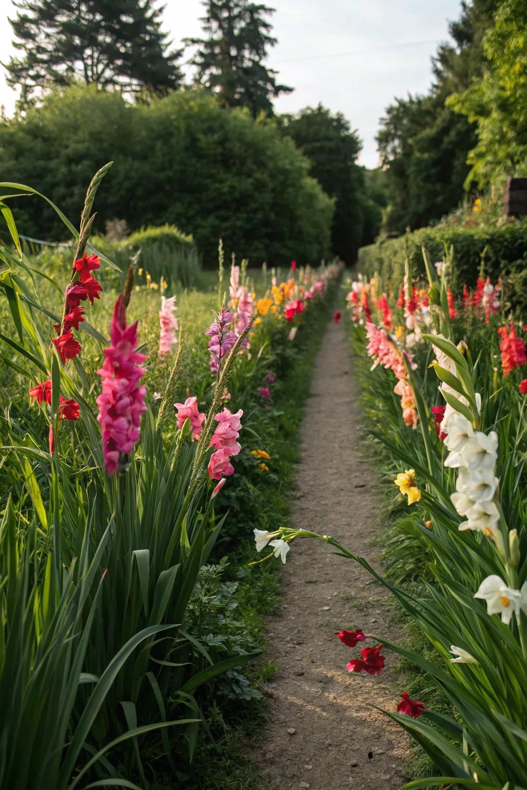 Gladiolus elegantly lines a garden path.