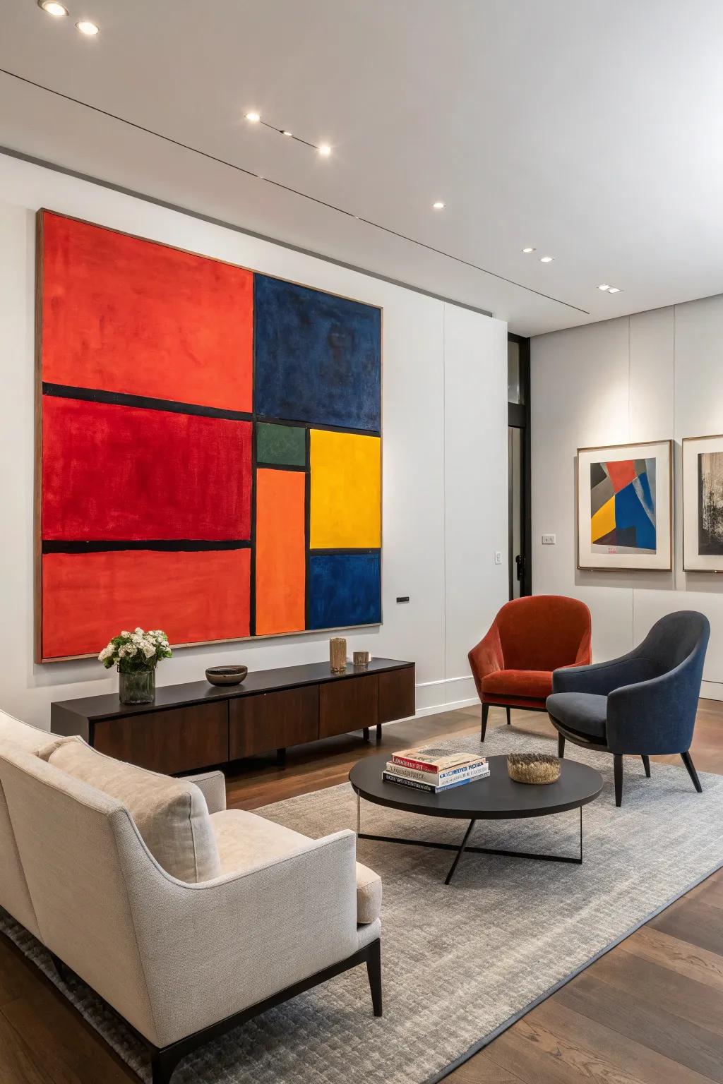 Powerful abstract artwork generates a contemporary and lively setting.