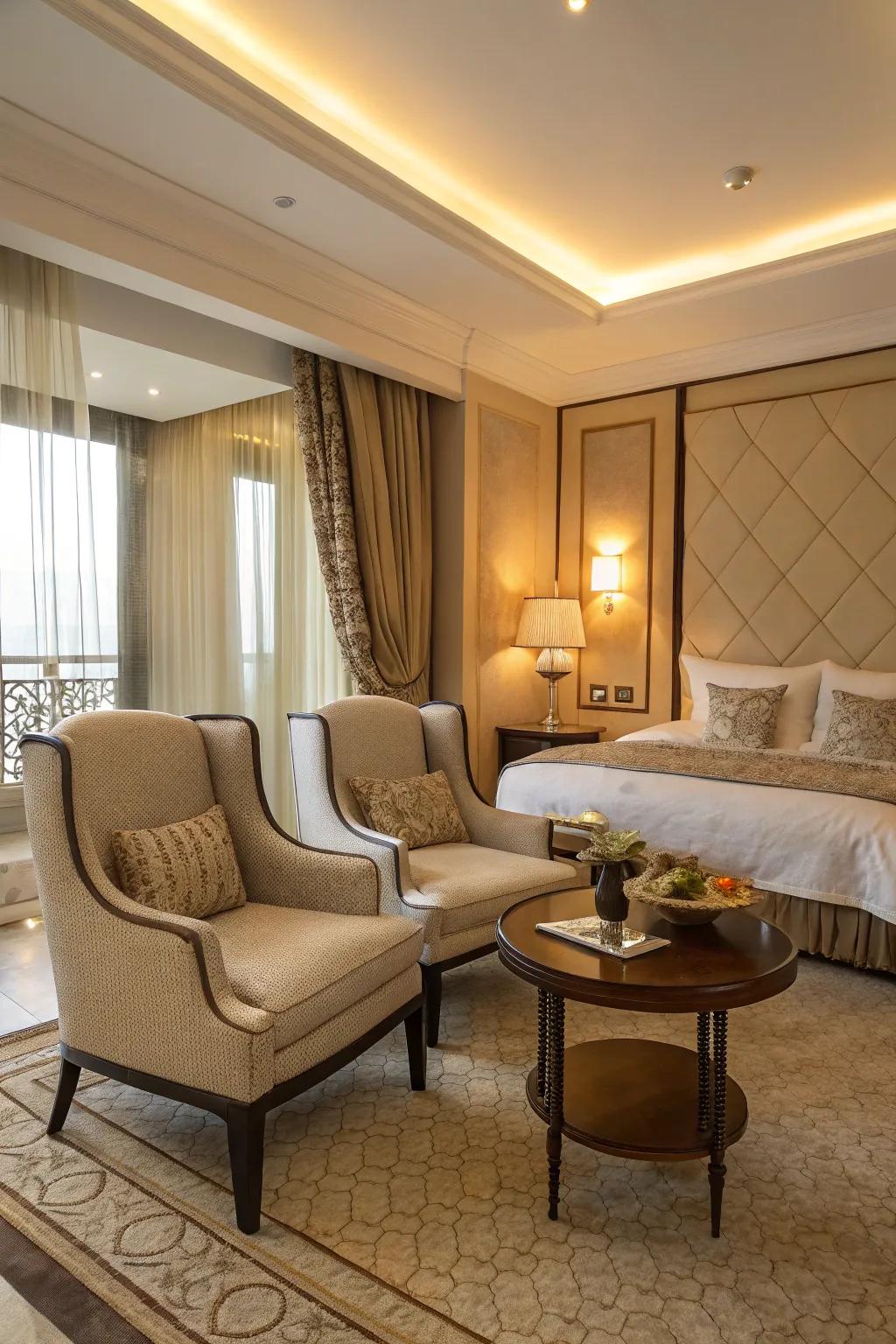 A cozy seating area adds warmth and functionality to the bedroom.