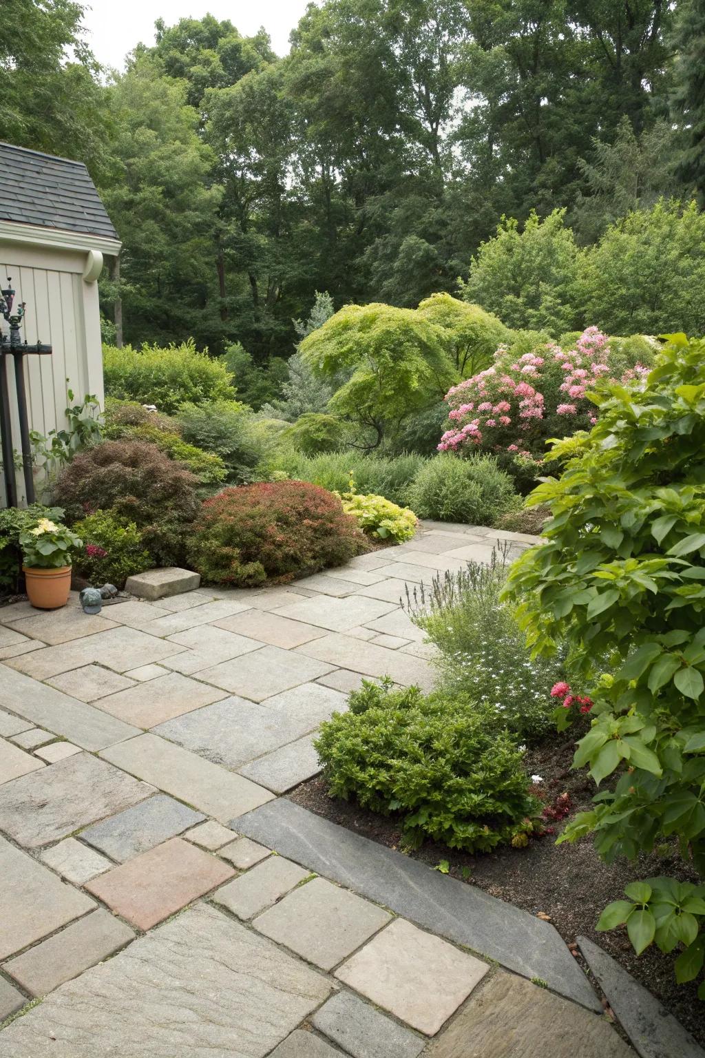 Greenery bestows a tranquil essence upon this expansive patio setting.