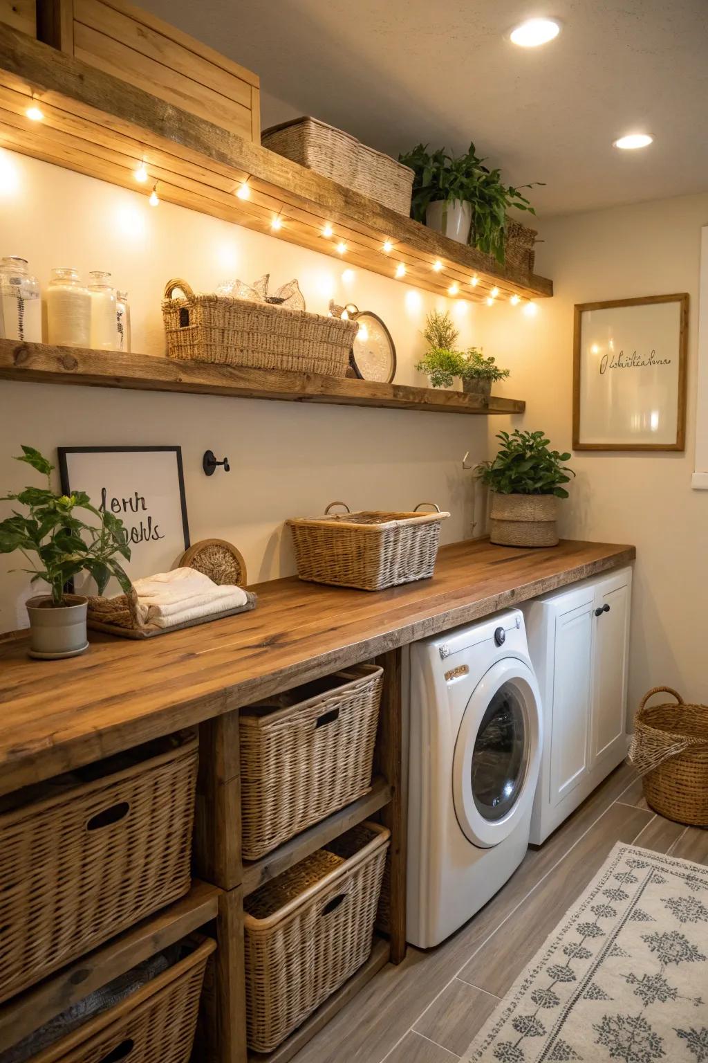 Weathered lumber adds a warm, inviting charm to the laundry room.