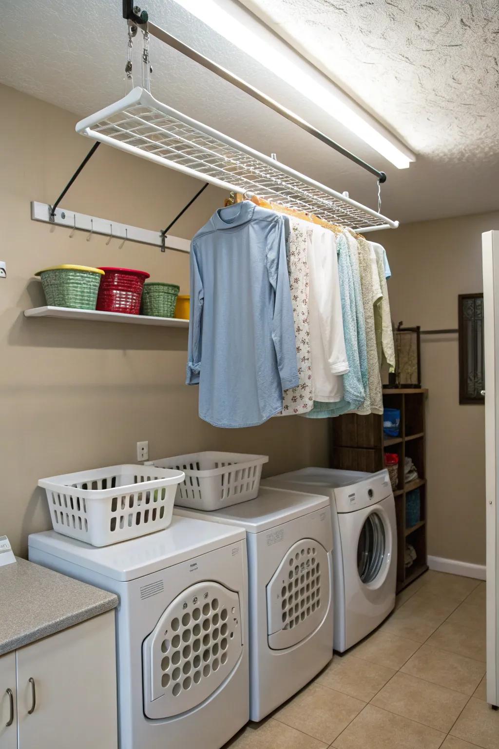 An elevated suspension system effectively utilizes the ceiling space in a laundry room.