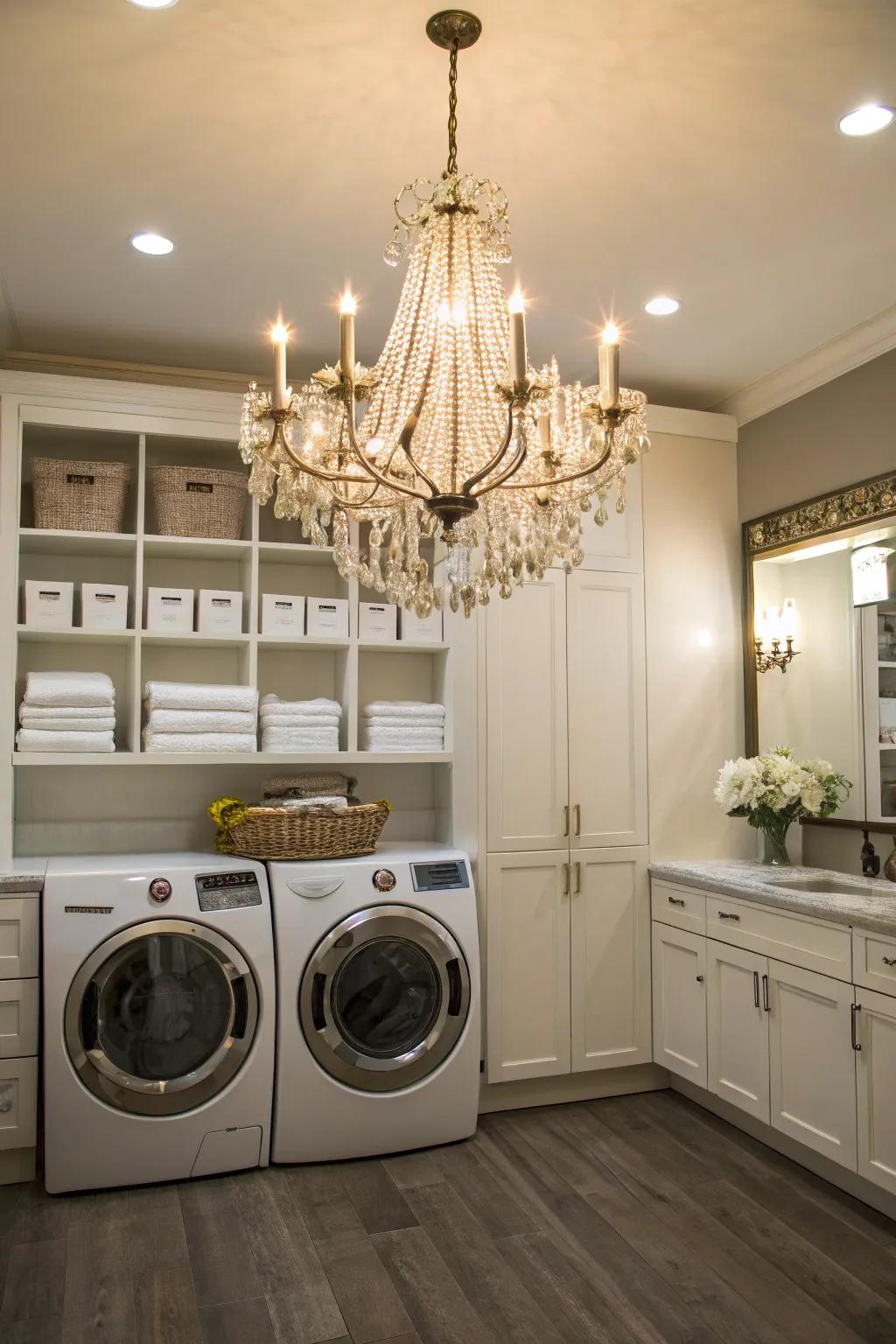 A chandelier introduces an unexpected hint of opulence to your laundry area.