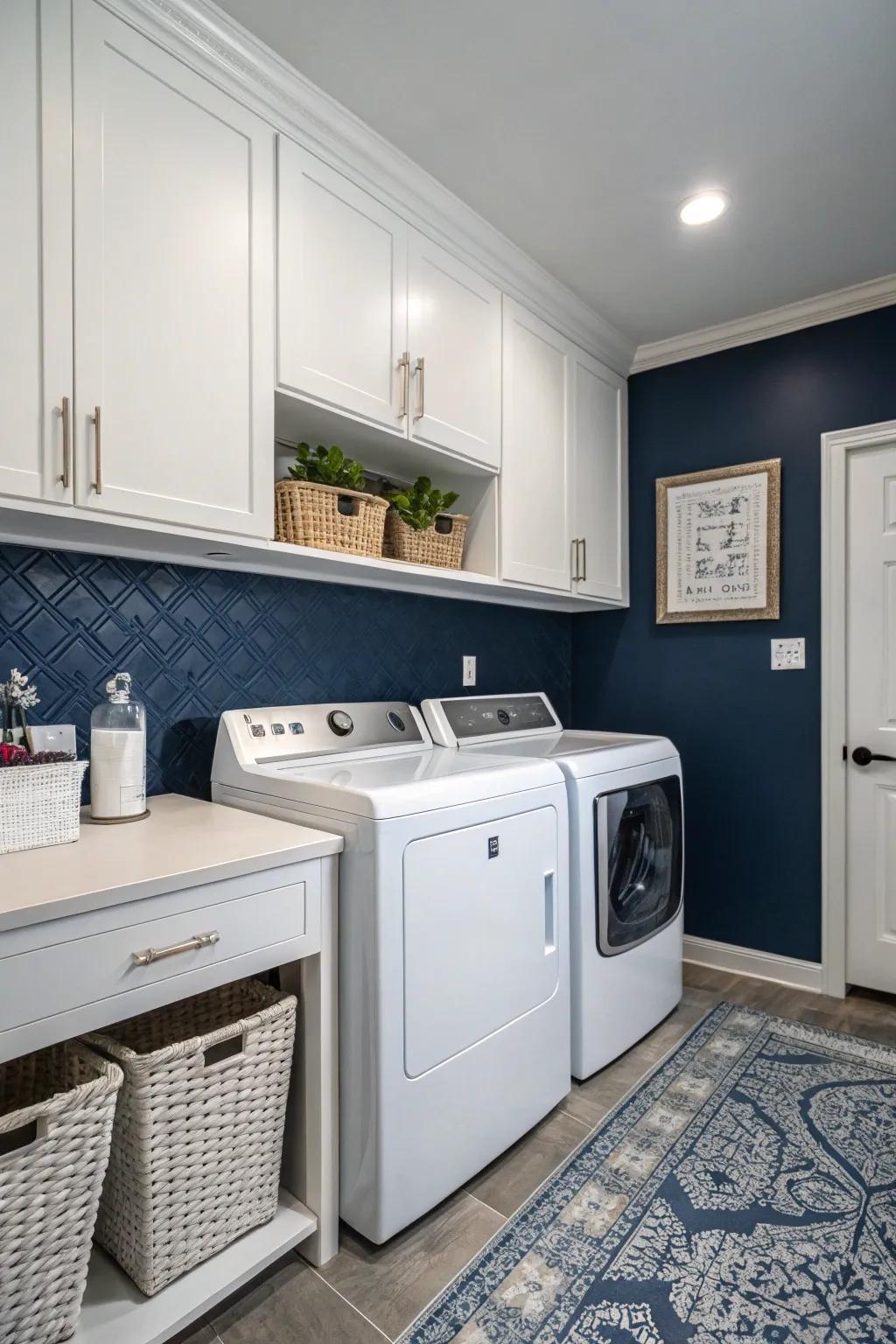 Deep blue infuses your laundry room with an air of timeless elegance.