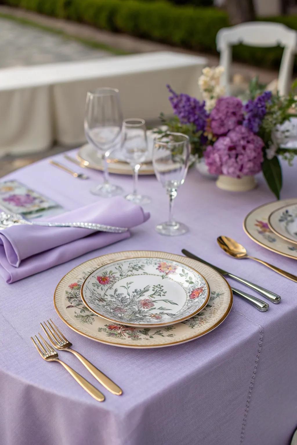 A refined table arrangement that flawlessly balances lavender and silver aspects.