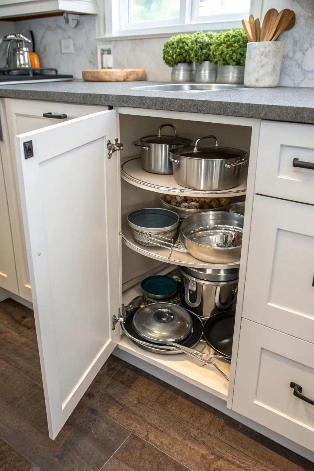 Utilize corner cabinets effectively with a Lazy Susan for pots and pans.