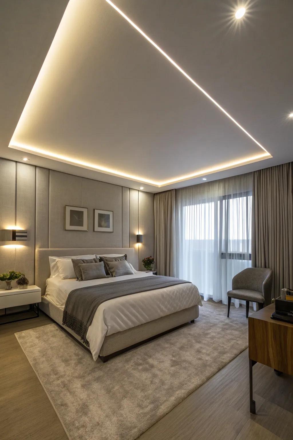 <strong><em>LED</em></strong> ceiling strips produce a halo effect that creates a cozy atmosphere.” loading=”lazy” class=”pimg”>
	</picture><figcaption><strong><em>LED</em></strong> ceiling strips produce a halo effect that creates a cozy atmosphere.</figcaption></figure>
<p>To create a gentle glow that softly blankets your area, run <strong><em>LED</em></strong> strips along the borders of your ceiling. I picked up this tip while designing opulent hotel rooms, and it produces an atmosphere that is both elegant and calming.</p>
<h3>Check these products out:</h3>
<ul class=