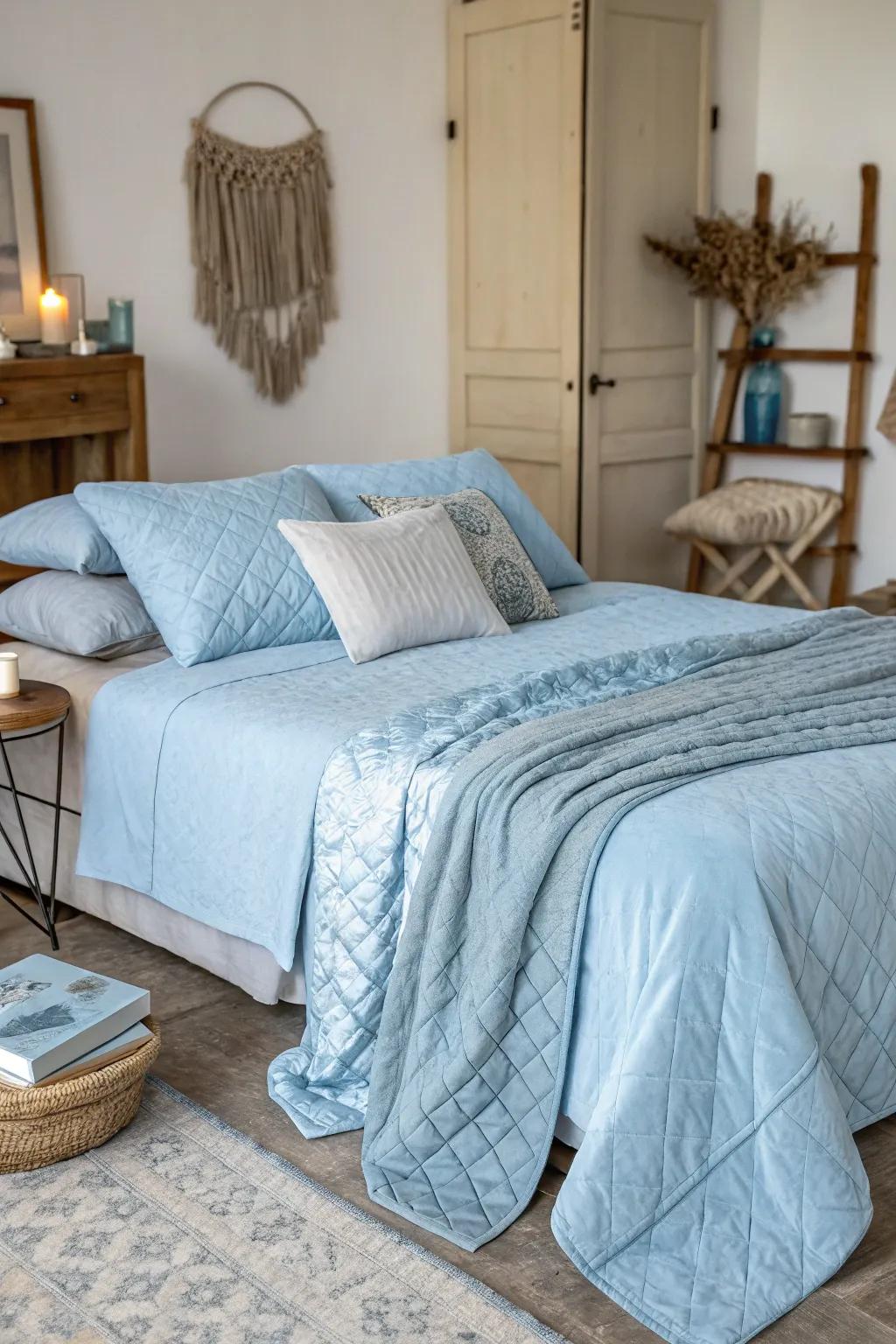 A sleeping quarter showcasing an array of textures in sky blue, adding to the depth and snugness of the space.