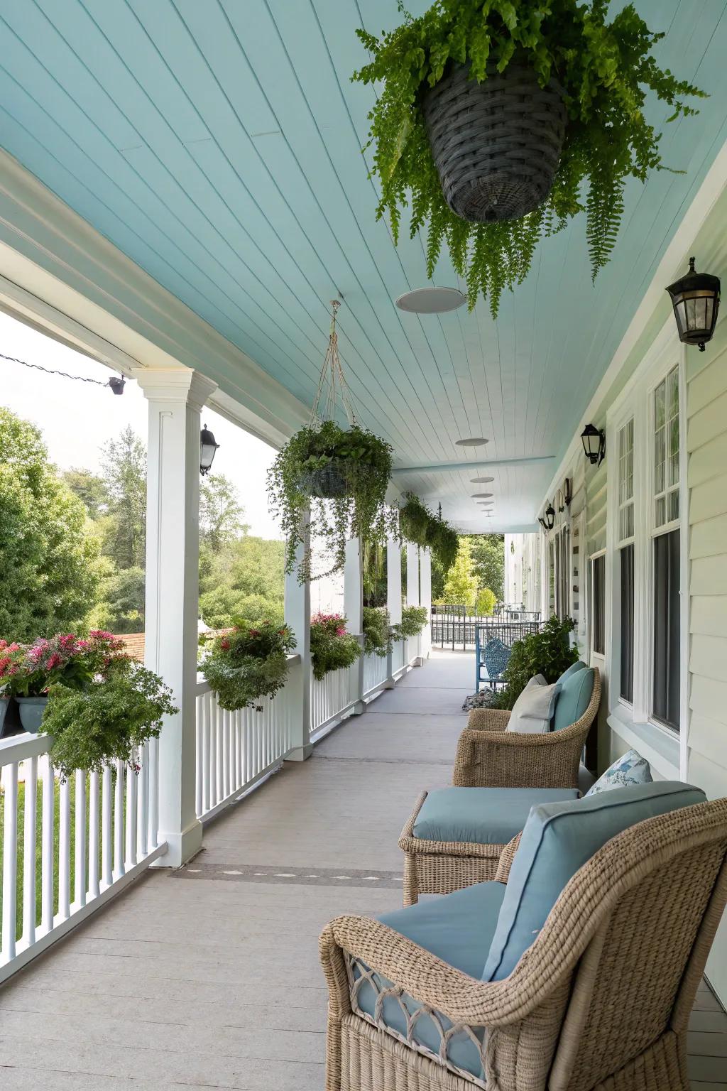 A serene veranda adorned with a sky-blue ceiling and flourishing greenery.