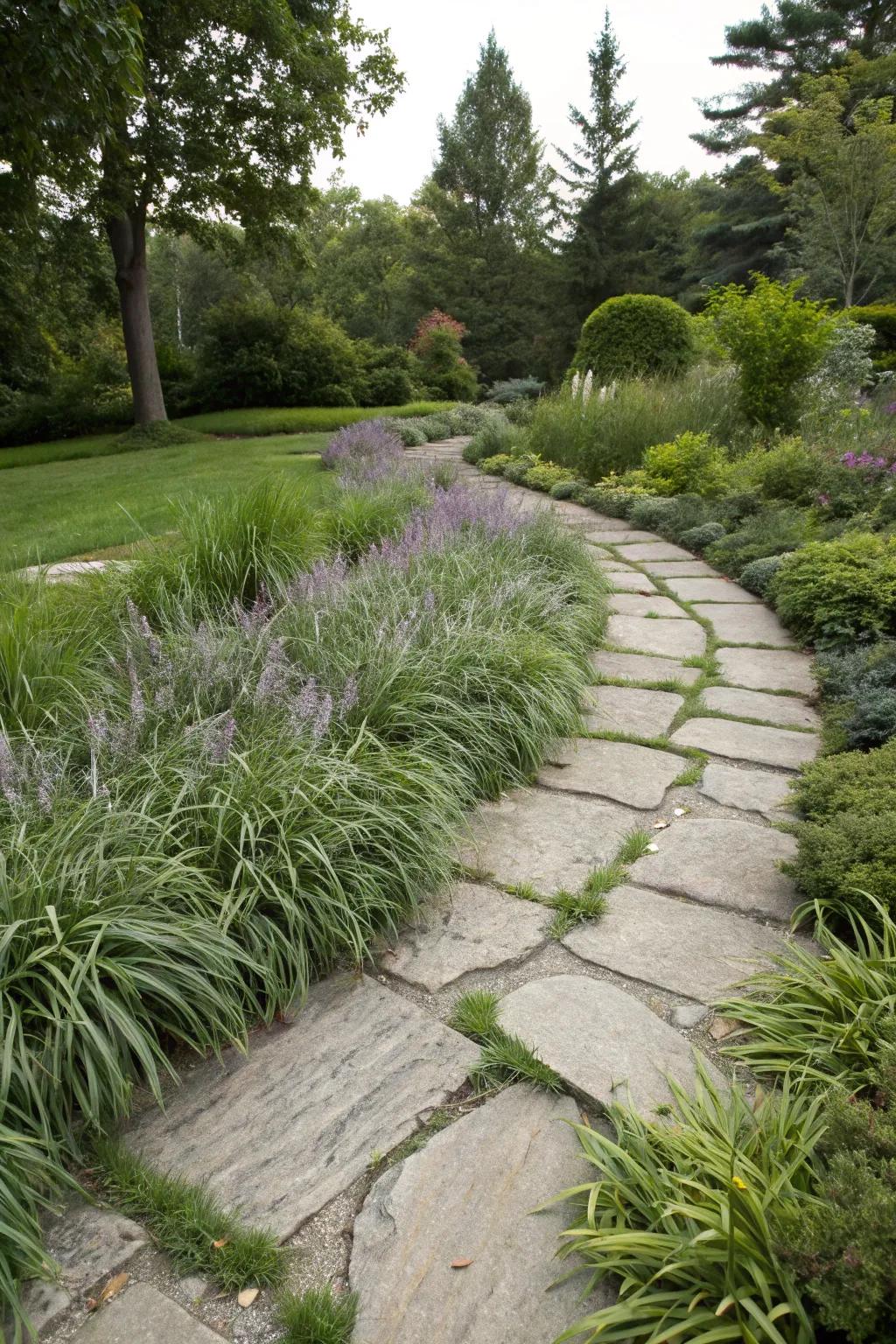 Ribbon grass emphasizing a tranquil stone path.