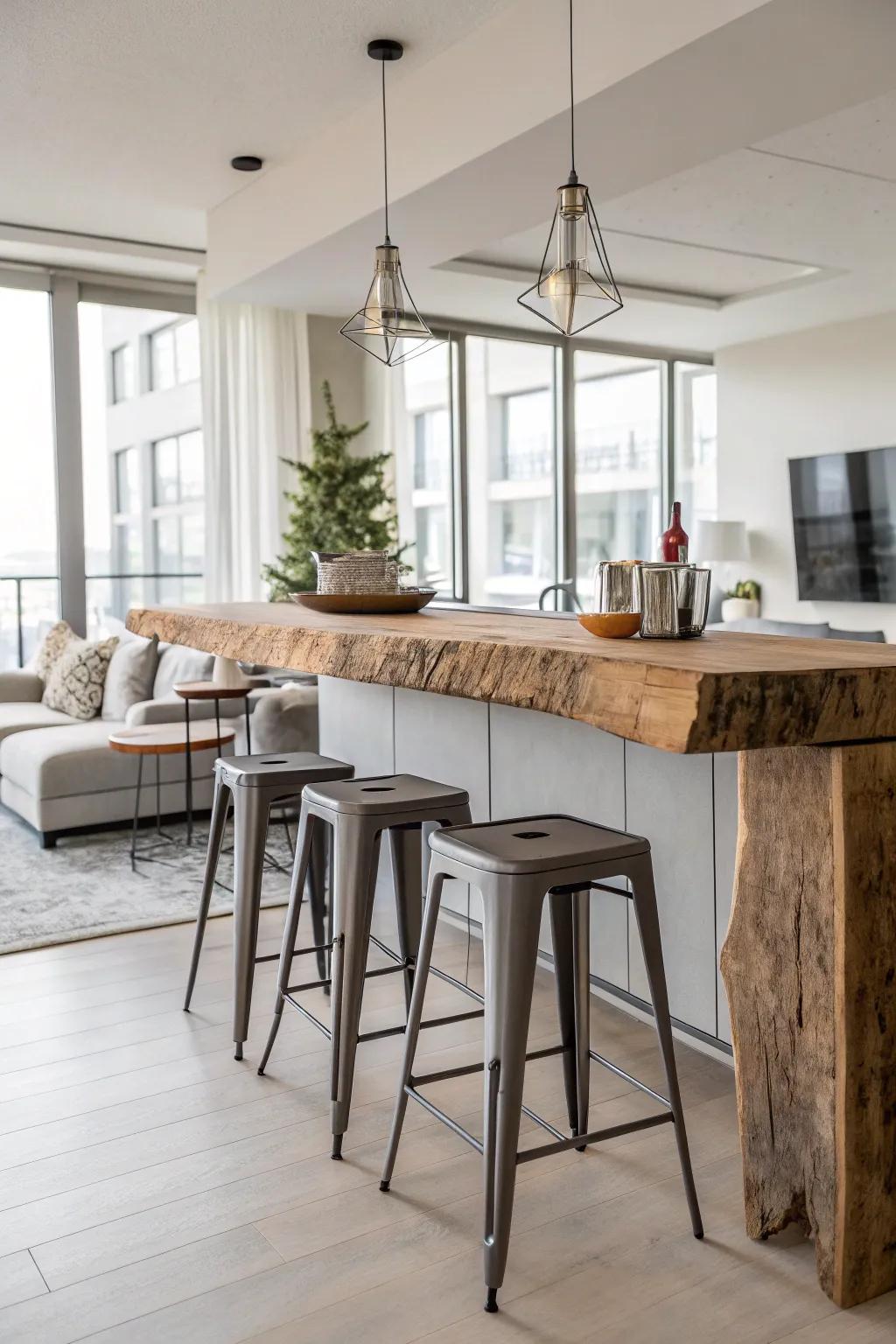 A live edge bar matched with modern metal seats, producing a unified fusion of farmhouse and modern styles.
