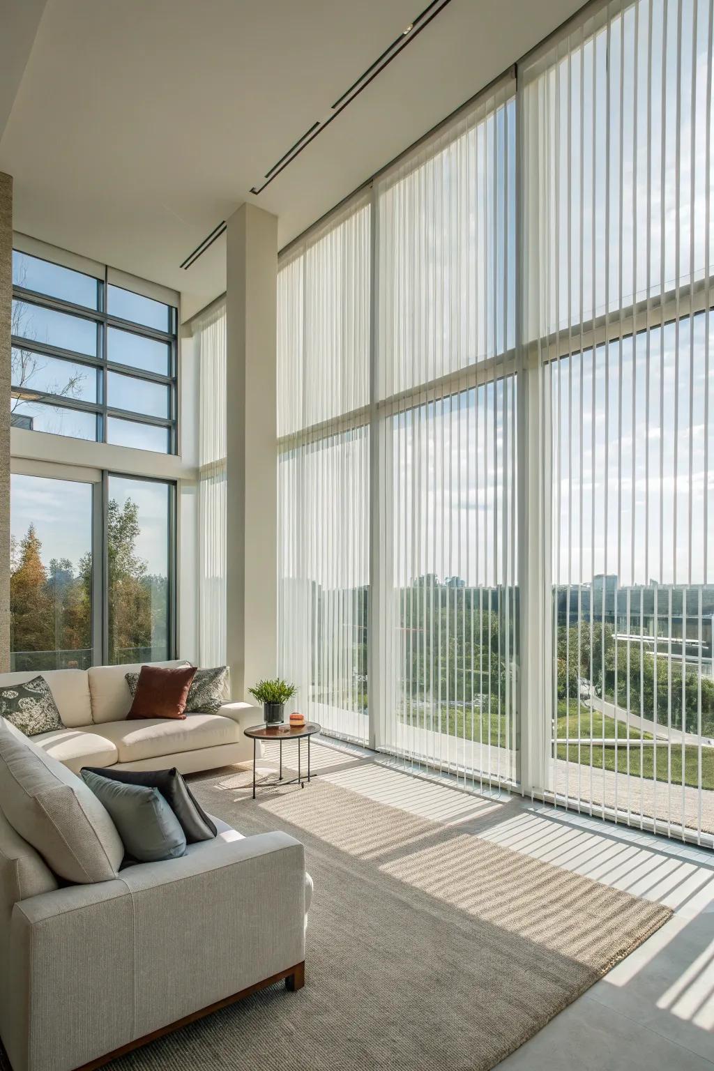 Vertical shades beautifully enhance expansive windows.