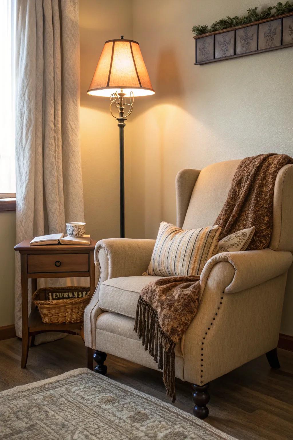 Design a serene reading nook with an inviting chair and soft, ambient lighting.