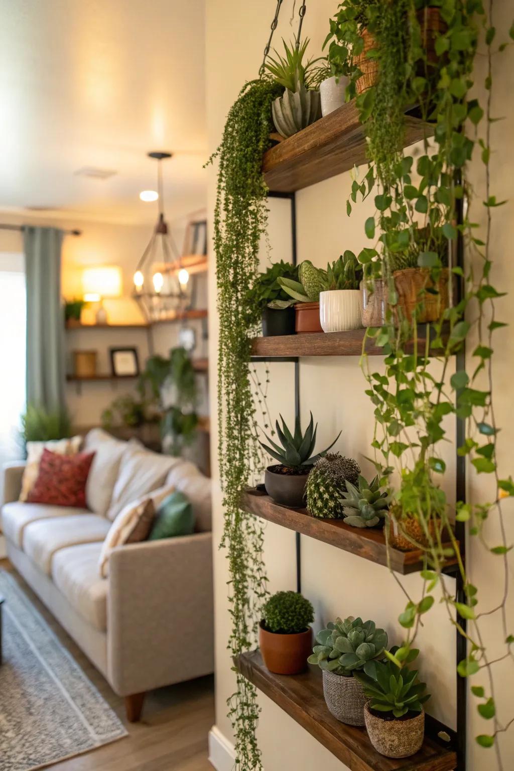 Bring nature indoors by adding greenery to your floating shelves.