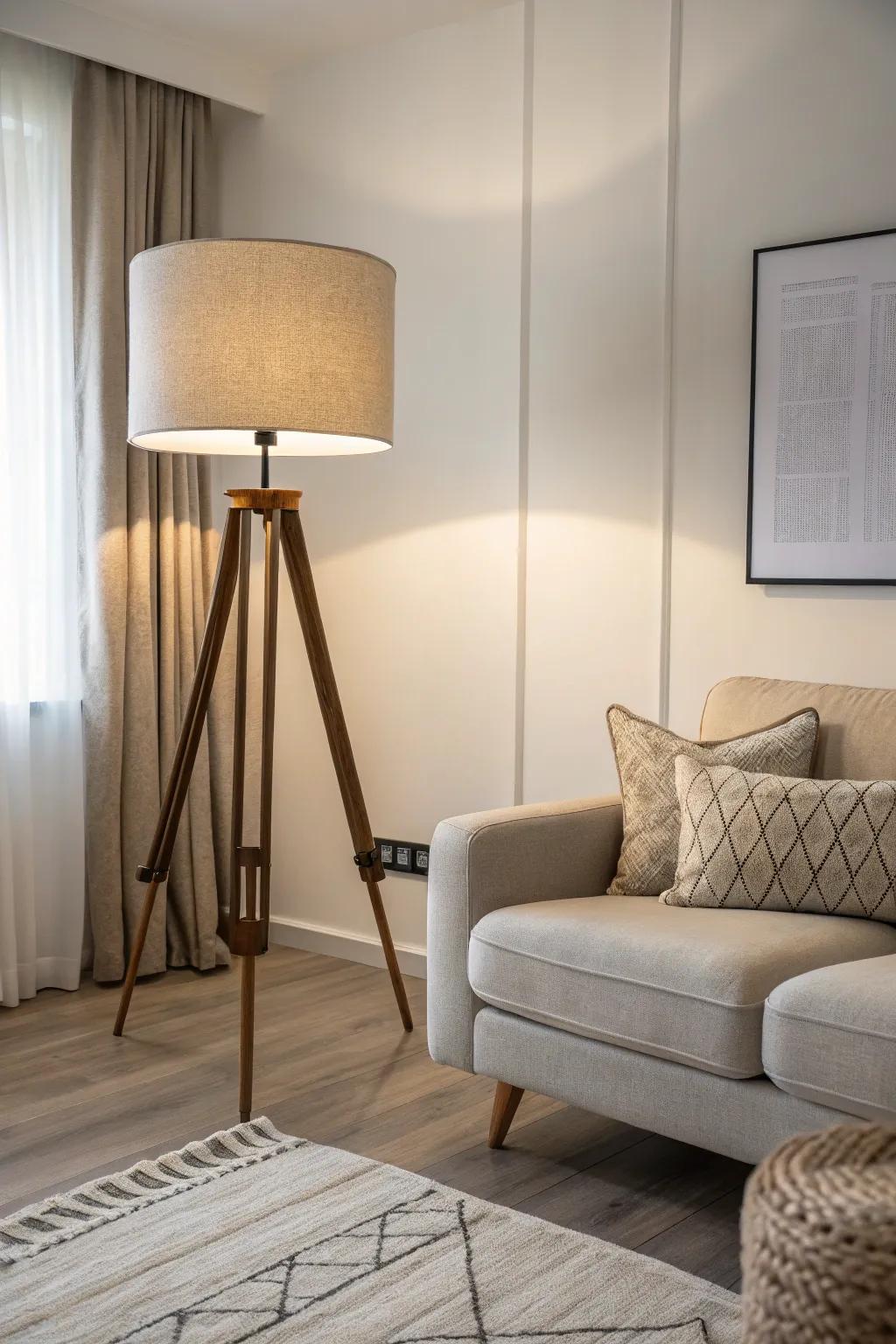 A minimalist living room featuring a sleek tripod floor lamp.